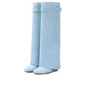 FSJ Blue Round Toe Wedge Knee High Boots